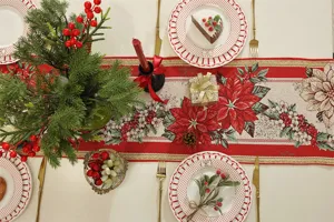 Weihnachten Tischlaeufer Festliche Poinsettia Jacquard Polyester Baumwolle Tischdeko