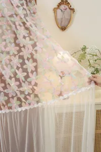 Exquisite French style embroidered lace sheer door curtain detail with colorful floral details.