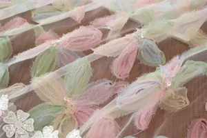 French style embroidered lace gauze curtain detail, delicate mesh fabric with 3D floral sequins.