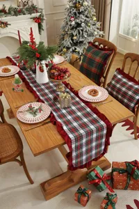 American style Christmas table runner red green plaid ruffles home dining table decor