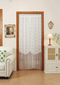 French style double layer lace door curtain with embroidery and hanging beads for home decor.