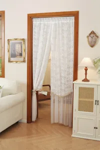 French style white lace door curtain with beads detail, perfect for elegant home room partition.
