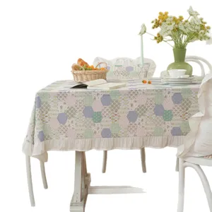American country cotton patchwork rectangular tablecloth with elegant ruffles for dining table.