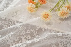Close-up detail of white lace floral embroidered fabric showing delicate texture and pattern.