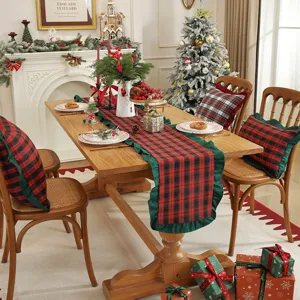 American Christmas Table Runner Plaid Fabric Tablecloth with Ruffle Border Home Holiday Party Decor