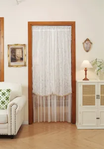 French style double layer lace sheer door curtain with elegant embroidery and decorative beading.
