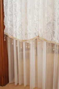French style double layer lace door curtain with exquisite embroidery and crystal bead pendants.