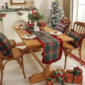 American festive plaid Christmas table runner with ruffles, poly-cotton holiday decor.