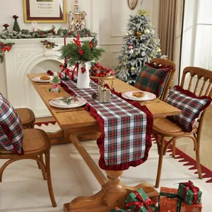 American style Christmas table runner plaid fabric with red ruffle edge for holiday decor