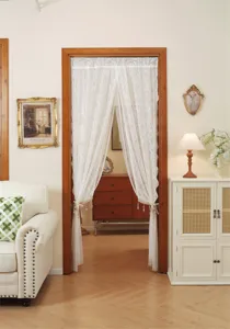 Exquisite French style double layer lace door curtain with beads, elegant home decor detail.