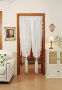 French style double layer lace door curtain with hanging beads, elegant room partition.