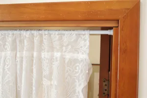 French style white floral lace door curtain detail, double layer jacquard yarn for room decor.