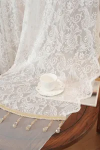 French style embroidered floral lace door curtain with elegant beaded tassels for home decor.