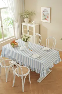 Nappe de table rayée en coton style pastoral français avec bord à volants pour salle à manger