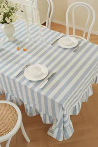 Nappe de Table Rayée Bleu et Blanc Style Champêtre Coton Lavé Bord Volant Élégante