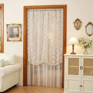 French Style Embroidered Floral Lace Double Layer Beaded Jacquard Door Curtain Dustproof Partition Window Curtain