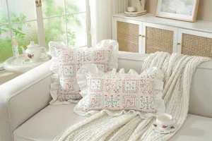 French style floral patchwork decorative pillow cover with ruffled edge for sofa bed home decor.