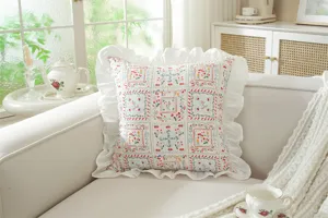 French style ruffle cotton printed square throw pillow case cozy home sofa decor cushion cover.