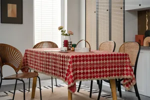 Red and gold diamond pattern tablecloth with lace trim for dining table wedding festive home decor
