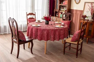 Nappe ronde en jacquard rouge détail de scène, décoration de table de salle à manger.
