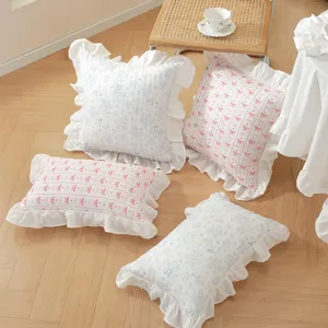 French Style Ruffle Cotton Printed Pillow Cover Cute Bowknot Floral Cushion Cover For Sofa Bed Home Decor