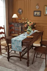 Vintage floral jacquard table runner for dining table, elegant blue home decor cloth.