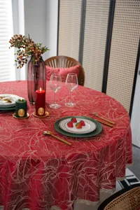 Red jacquard round tablecloth with gold lace, festive table cover for wedding and New Year.