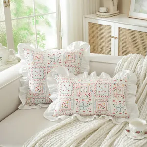 French style floral printed cotton throw pillowcase with white ruffled edge for sofa bed 1