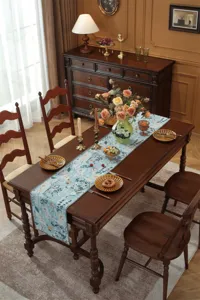 American retro table runner detailed view, elegant blue floral jacquard design for dining table decor.