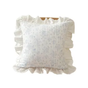 French style floral cotton throw pillow with ruffle lace bow for sofa and bed decoration