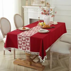 Mantel de Jacquard para Boda Rojo con Borla Retro Corazón Patrón Geométrico Cubierta de Mesa Rectangular para Fiesta de Comedor en Casa