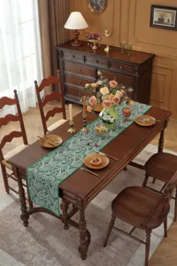 American retro paisley table runner with shell edge jacquard fabric for dining room decor.