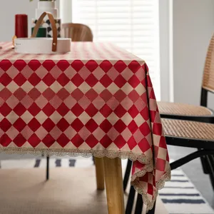 Festive red and beige diamond pattern tablecloth with elegant gold lace trim for dining table decor