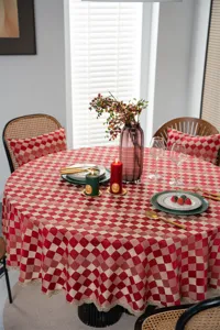 Red checkered round tablecloth with elegant gold lace trim, waterproof jacquard table cover for dining.