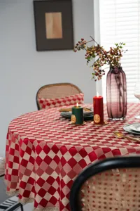 Red and white checkered round tablecloth with exquisite gold lace trim, jacquard fabric texture.