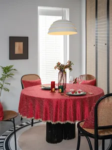Red waterproof jacquard round tablecloth with gold lace edge for dining table holiday decor