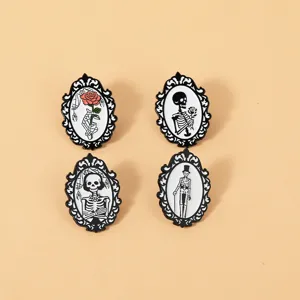 Ensemble de broches squelette gothique avec cadres vintage rose crâne pour Halloween.