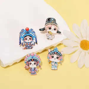 Chinese opera cat alloy brooch set, cute Peking opera metal badges for bags and clothes detail.