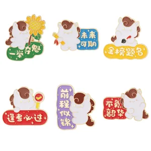 Detail view of cute cartoon pony enamel pins featuring inspiring exam blessing designs and slogans.