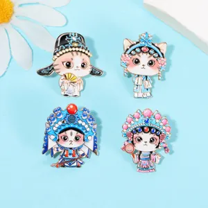 Detail view of Chinese opera cat metal alloy brooches, cute cultural creative lapel pins.