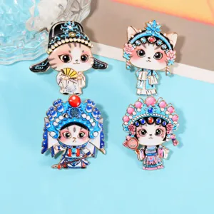 Detailed close-up of Chinese opera cat alloy brooches, featuring vibrant metal badge designs.