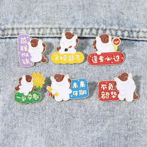 Close-up of cute cartoon horse enamel pins with motivational quotes, detailed metal brooch craft.