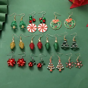 Christmas Alloy Drop Earrings For Women Cute Cartoon Christmas Tree Bell Snowflake Rhinestone Dangle Earrings Holiday Party Ear Jewelry Gift