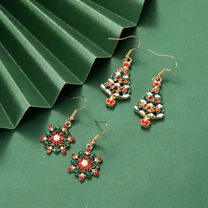 Christmas tree and snowflake alloy earrings detail view, festive holiday fashion jewelry gift.