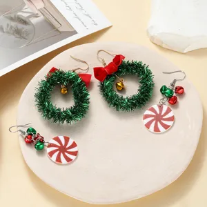 Christmas earrings cute tinsel wreath peppermint candy bell alloy metal festive jewelry gifts