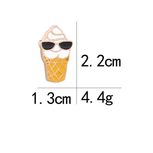 Cute cartoon ice cream enamel pin with sunglasses, fun metal brooch accessory for clothes.