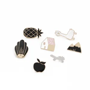 Cute enamel pin badge set featuring house, pineapple, mountain and cute animal designs.
