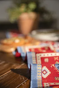 Modern geometric jacquard red table runner for festive home decor and dining table decoration.