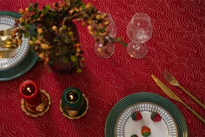 Red jacquard waterproof round tablecloth for wedding and festive holiday party decor.