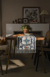 European style jacquard table runner with exquisite tassels, vintage floral design for dining room.
